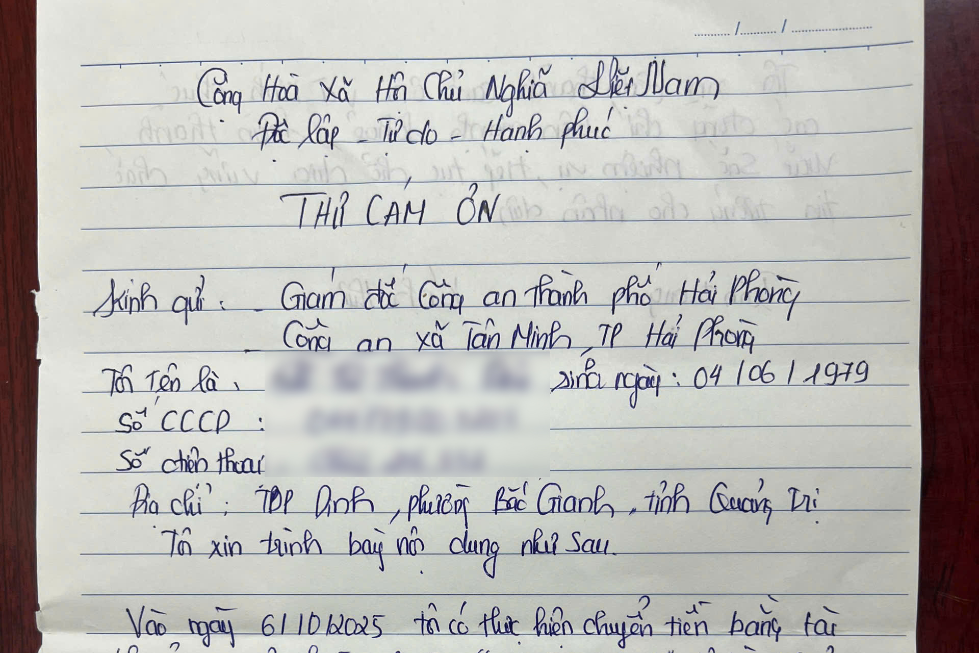Công an xã Tân Minh giúp người dân nhận lại 12 triệu đồng chuyển nhầm tài khoản ngân hàng